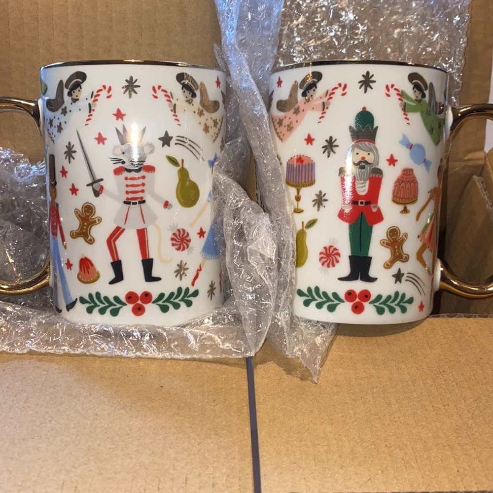 Set of 2 RIFLE PAPER CO. White Nutcracker Porcelain Mugs